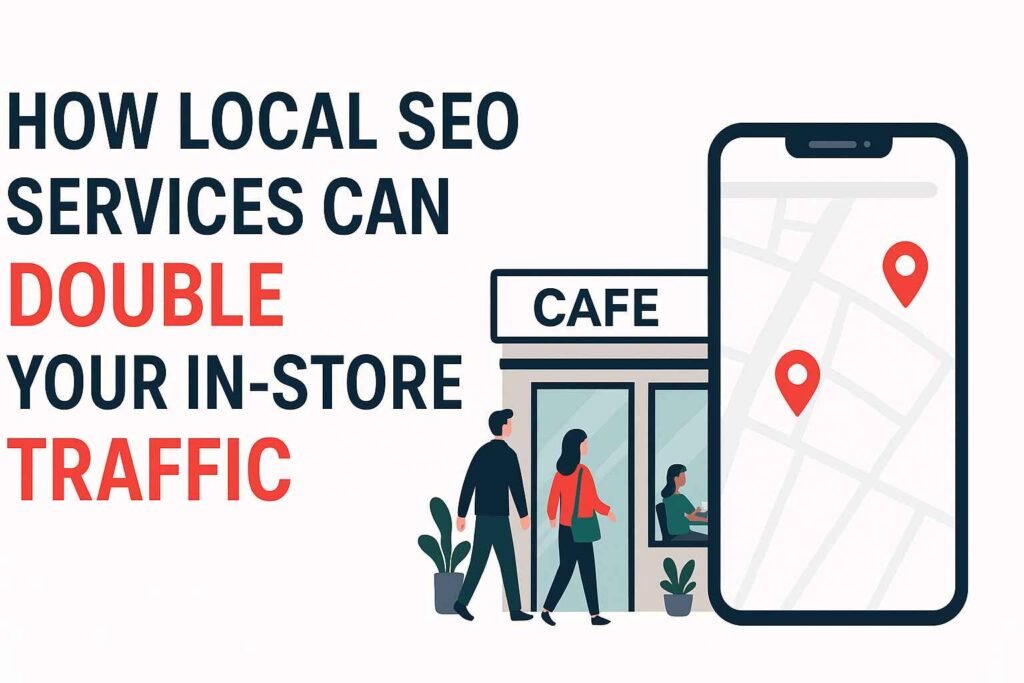 Local SEO Malaysia concept showing a café in Malaysia with customers entering after finding it on Google Maps, with a smartphone displaying map pins