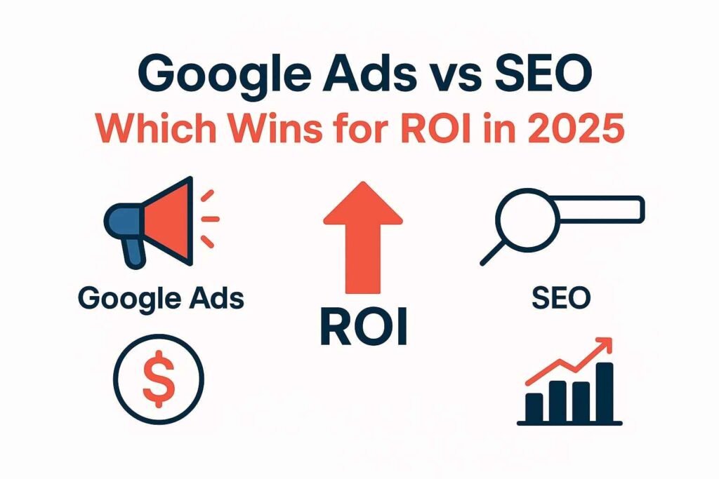 Infographic comparing Google Ads and SEO for ROI in 2025 with charts, icons, and modern design in Digital Zeero color palette of navy, red, and soft white