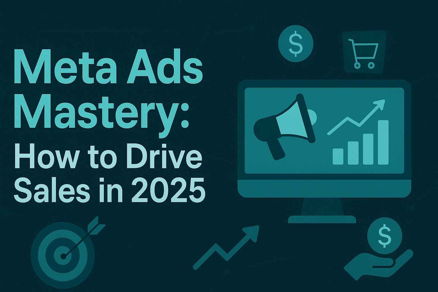 Meta Ads Mastery: How to Drive Sales in 2025 – A modern digital graphic with teal and dark tones, featuring icons of a computer, target, dollar sign, and upward arrows, designed with Digital Zeero color palette to represent growth and digital marketing success.