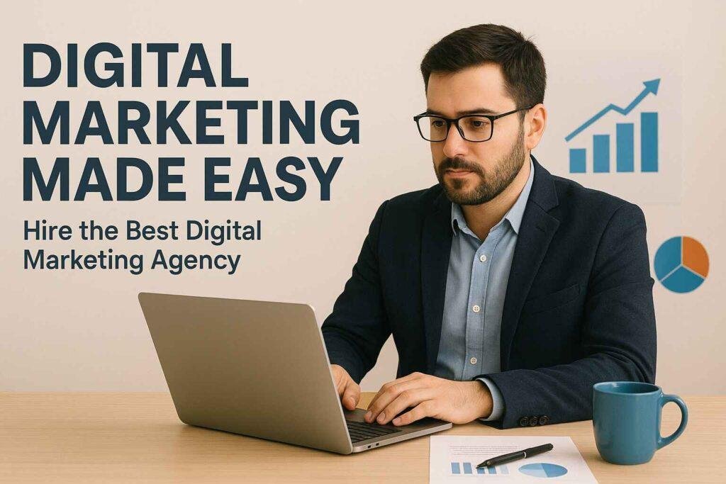 Professional digital marketing agency expert working on laptop with charts, graphs, and strategy visuals – Digital Marketing Made Easy concept.